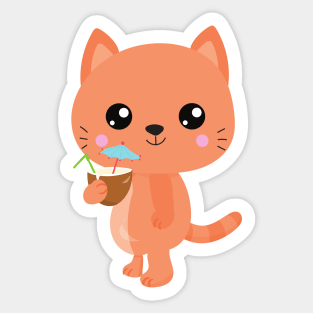 Hawaii Cat, Cute Cat, Orange Cat, Cocktail, Luau Sticker